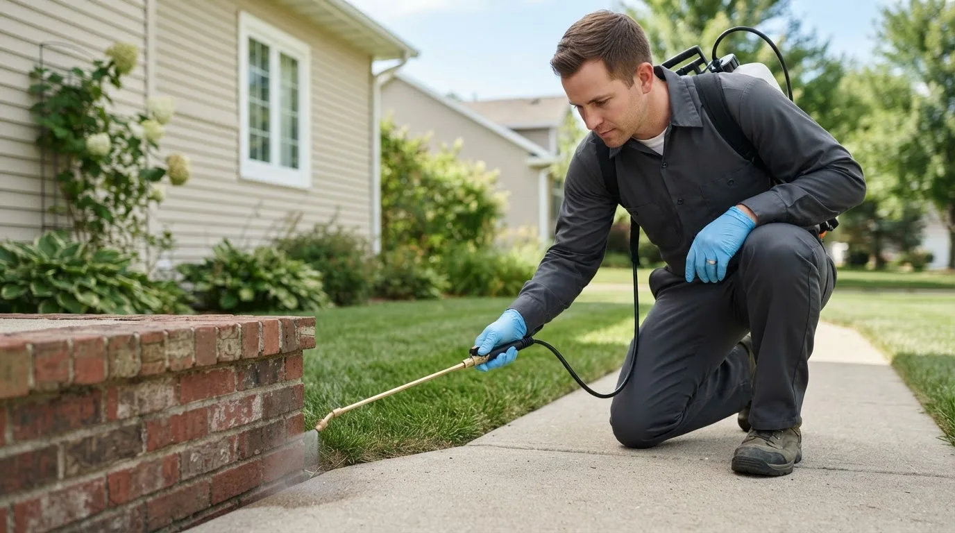 Pest control technician treating a home near Forest Grove, MT